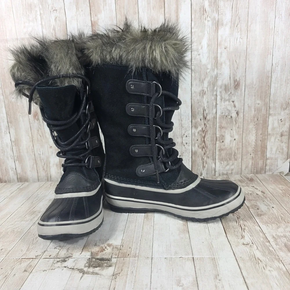 Sorel Joan of Arctic Black Waterproof Winter‎ Snow Boots Faux Fur Mens 7